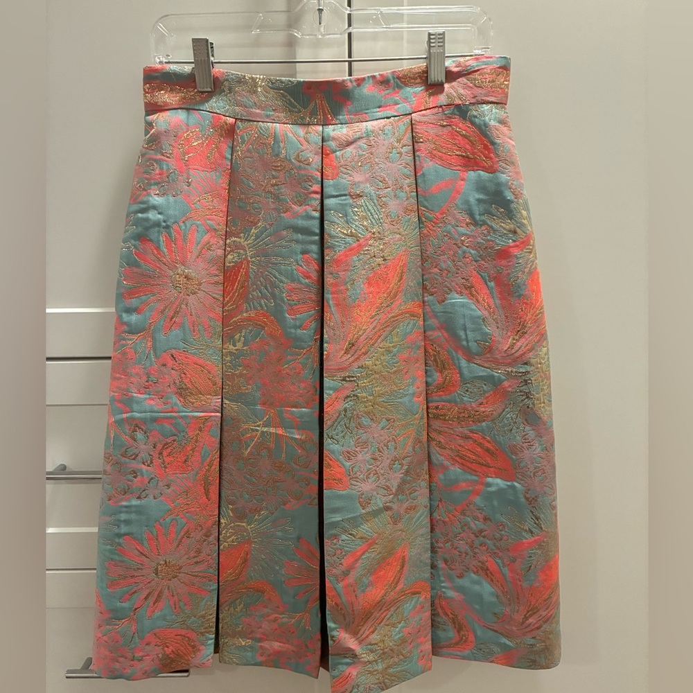 Tahari Arthur S. Levine Knee Length Pleated A-Line Skirt - Coral and Teal Floral